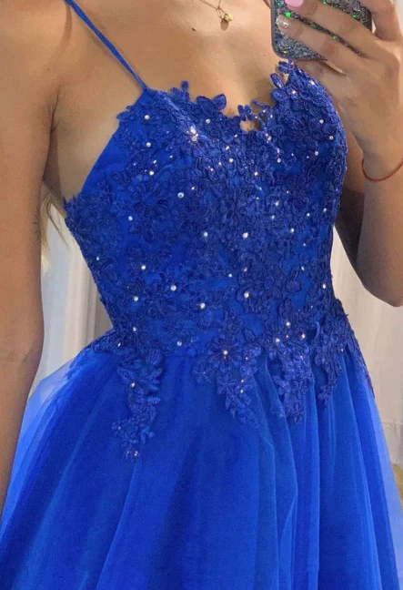 Blau A-Linie Tüll mit glitzernden Perlen aus Spitze, langes Ballkleid mit Schleppe, Partykleid, Abendkleidgh2252