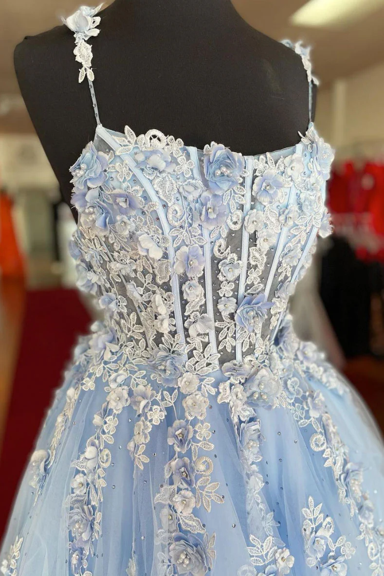 Robe de bal longue en tulle bleu avec appliques en dentelle et cœur gh2313