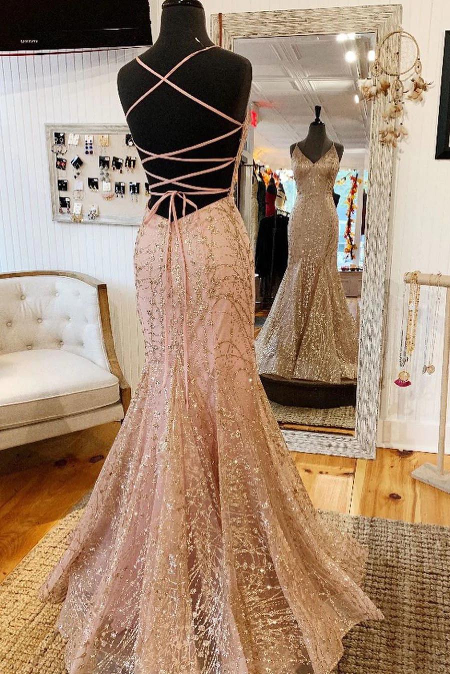 Mermaid V-Neck Rose Gold Long Prom Dress with Criss Cross Back gh2408