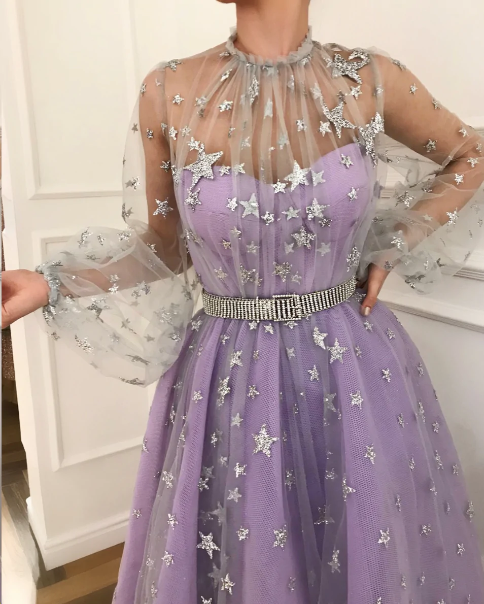 Long Sleeve Prom Dresses High Neck A-line Sparkly Star Lace Lilac Long Prom Dress gh2108
