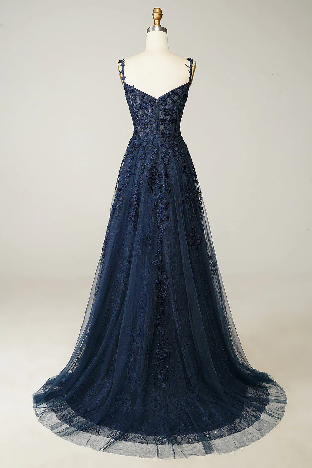 A Line Spaghetti Straps Navy Prom Dress with Appliques gh2104
