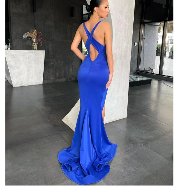 Sexy Royal Blue Elastic Satin Prom Dresses, Side Slit Prom Dresses gh2094