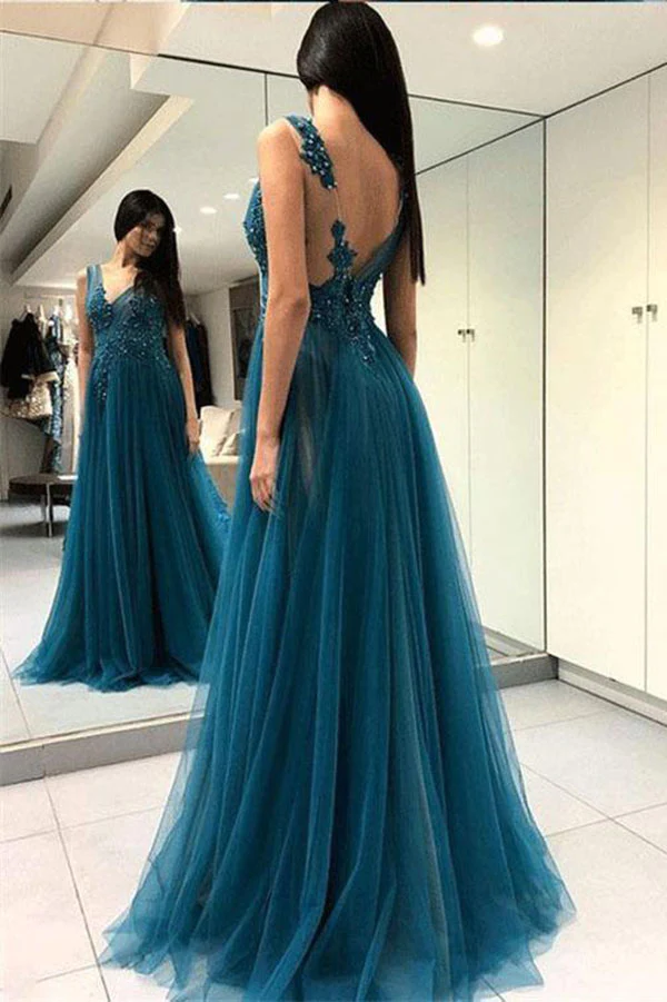 Robe de soirée trapèze à col en V en tulle et dos ouvert avec dentelle et perles sans manches gh2016