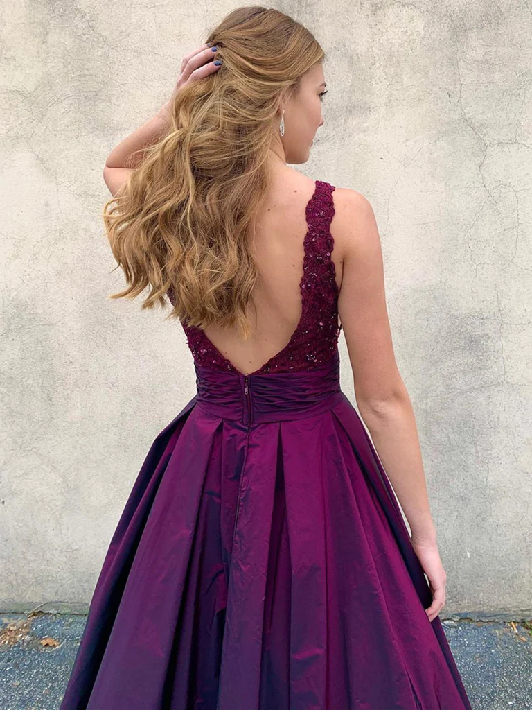 V-Ausschnitt Backless Purple Lace Ballkleider, V-Ausschnitt Open Back Purple Lace Formale Abendkleider gh2219