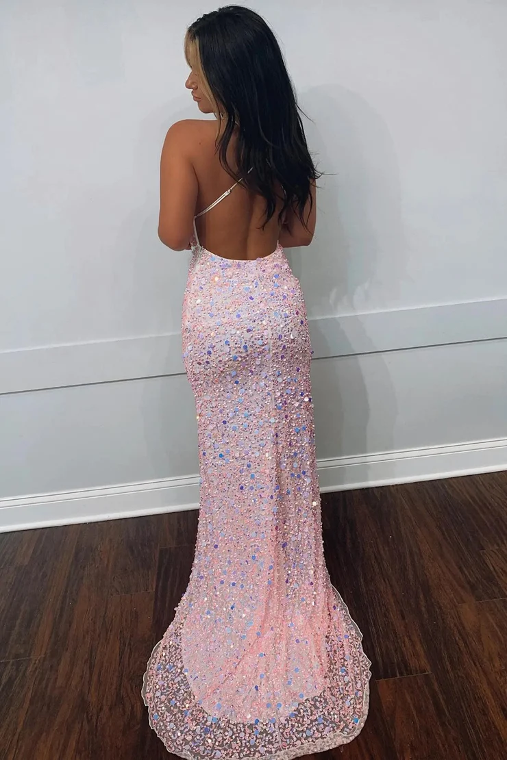 Cute Sparkly Mermaid V Neck Pink Sequins Prom Dresses gh2243