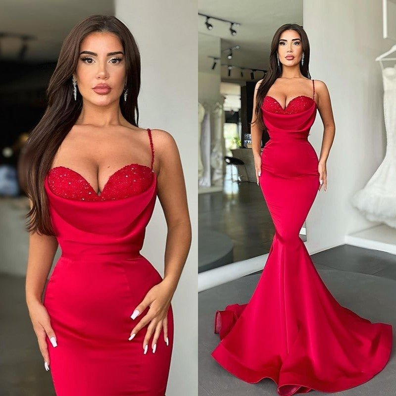 Fabulous Red Spaghetti-Straps Mermaid Prom Dress Long With Beads gh1951