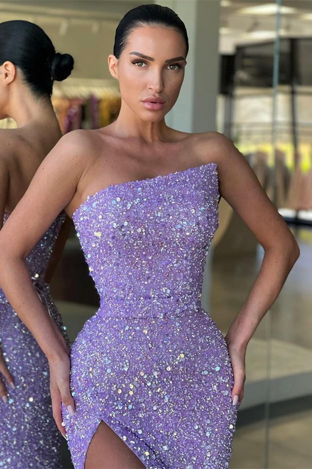 Fabulous Lilac Strapless Sequins Evening Dress Mermaid Long With Split gh2038