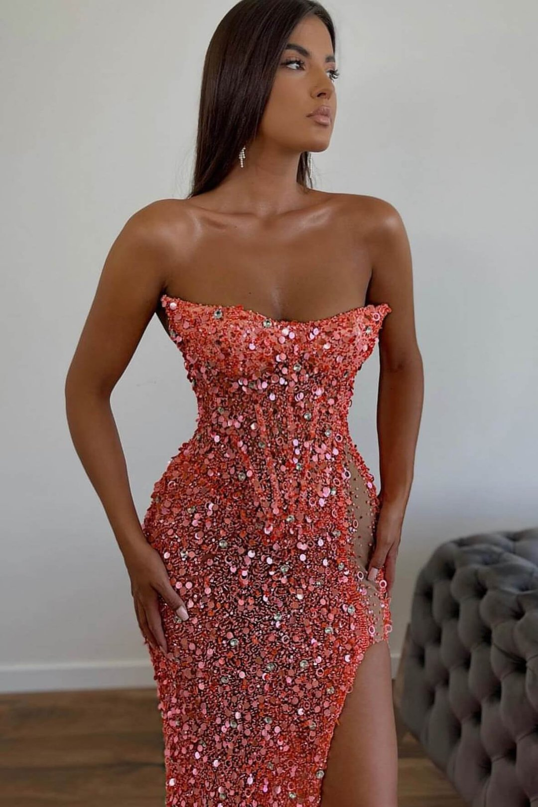 Orange Gorgeous Sequins Mermaid Sweetheart Prom Dress Split With Sleeveless gh2049