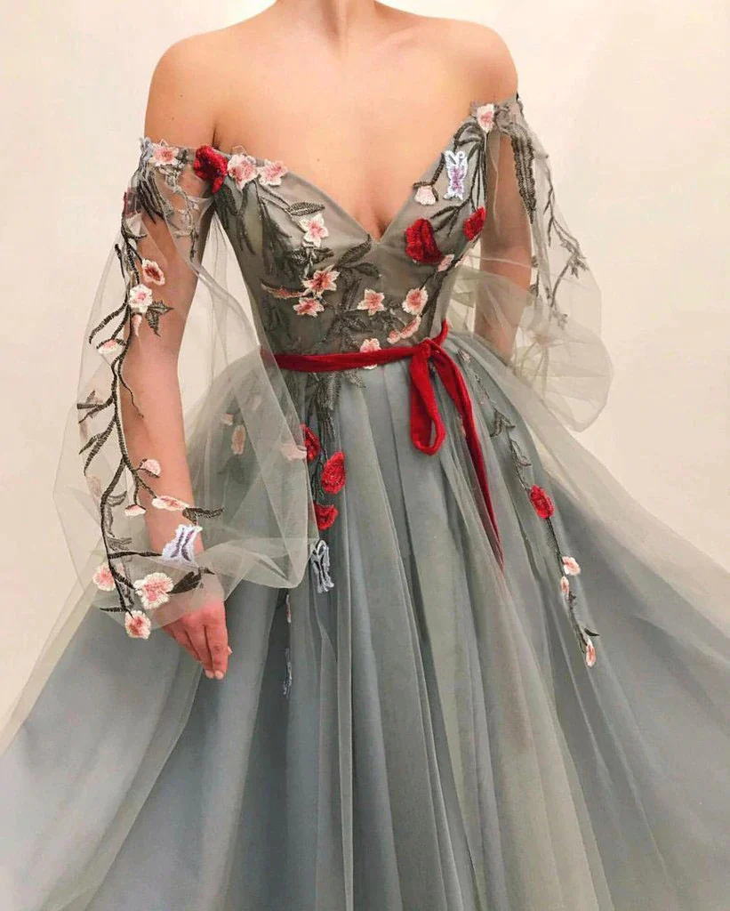 Chic Off The Shoulder Long Sleeves A Line Tulle Long Prom Dress With Flowers gh2109