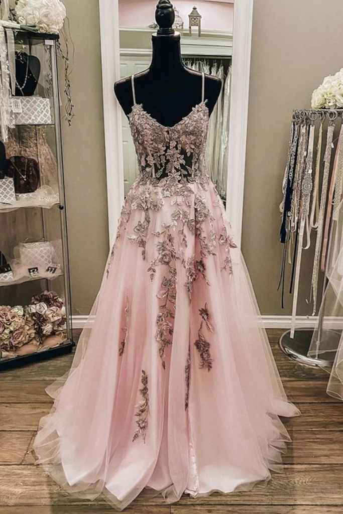 Robe de bal longue en dentelle rose dos nu à col en V, robe de soirée longue en dentelle rose gh2283