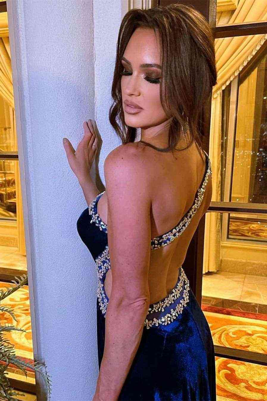 Beaded One Shoulder Black Velvet Long Formal Dress gh2410