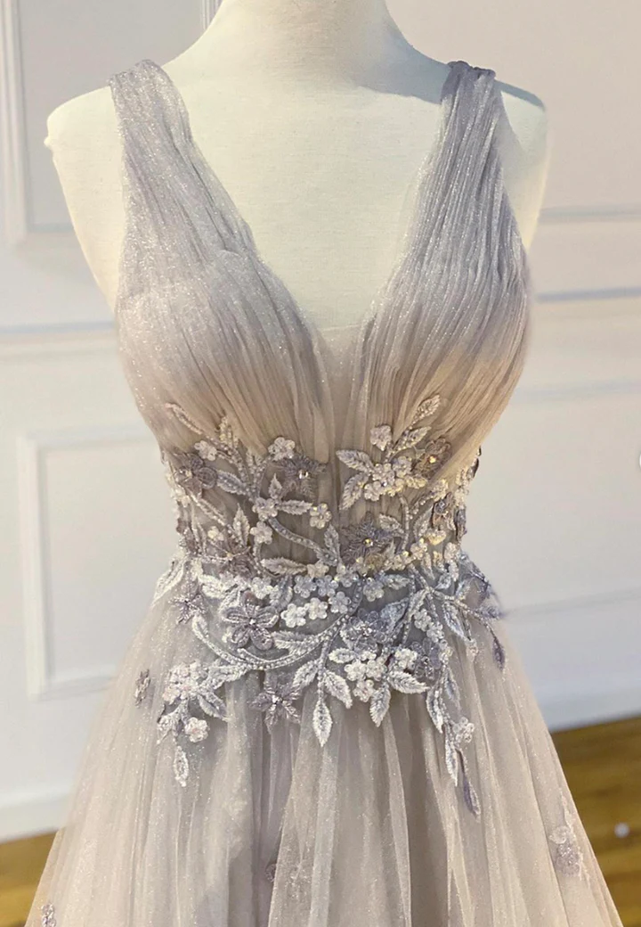 Robe de soirée longue en tulle et dentelle grise gh2287