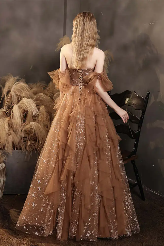 Robe de soirée longue en tulle brillant et élégant de couleur champagne gh2226