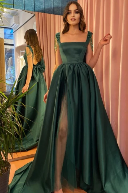 Modest Green A-Linie Square Neckline Straps Ballkleider mit Slit gh2374