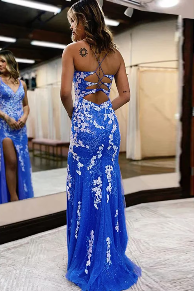 Robe de soirée longue fendue en dentelle brodée imprimée bleue à col en V gh2240