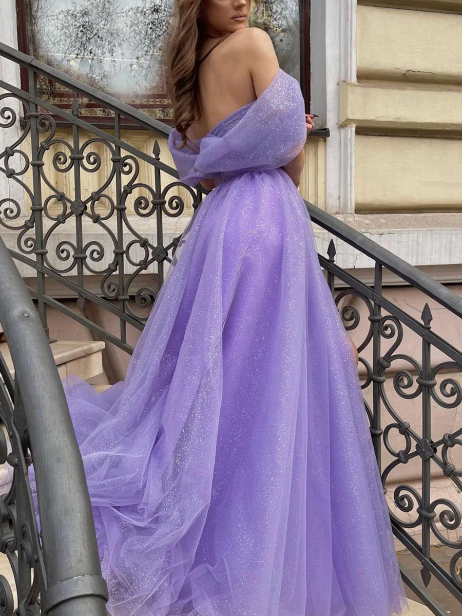 Robe de bal longue en tulle violet à épaules dénudées, robe de soirée en tulle trapèze gh2251