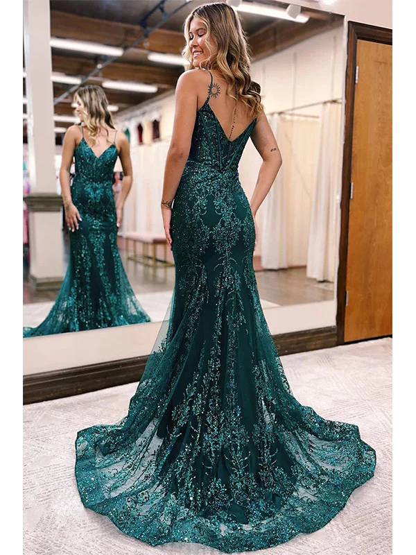 Green Tulle Mermaid Spaghetti Straps V-Neck Prom Dress Evening Dress gh2612