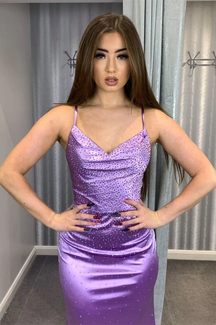 V-Neck Lilac Beaded Long Prom Dress gh2590