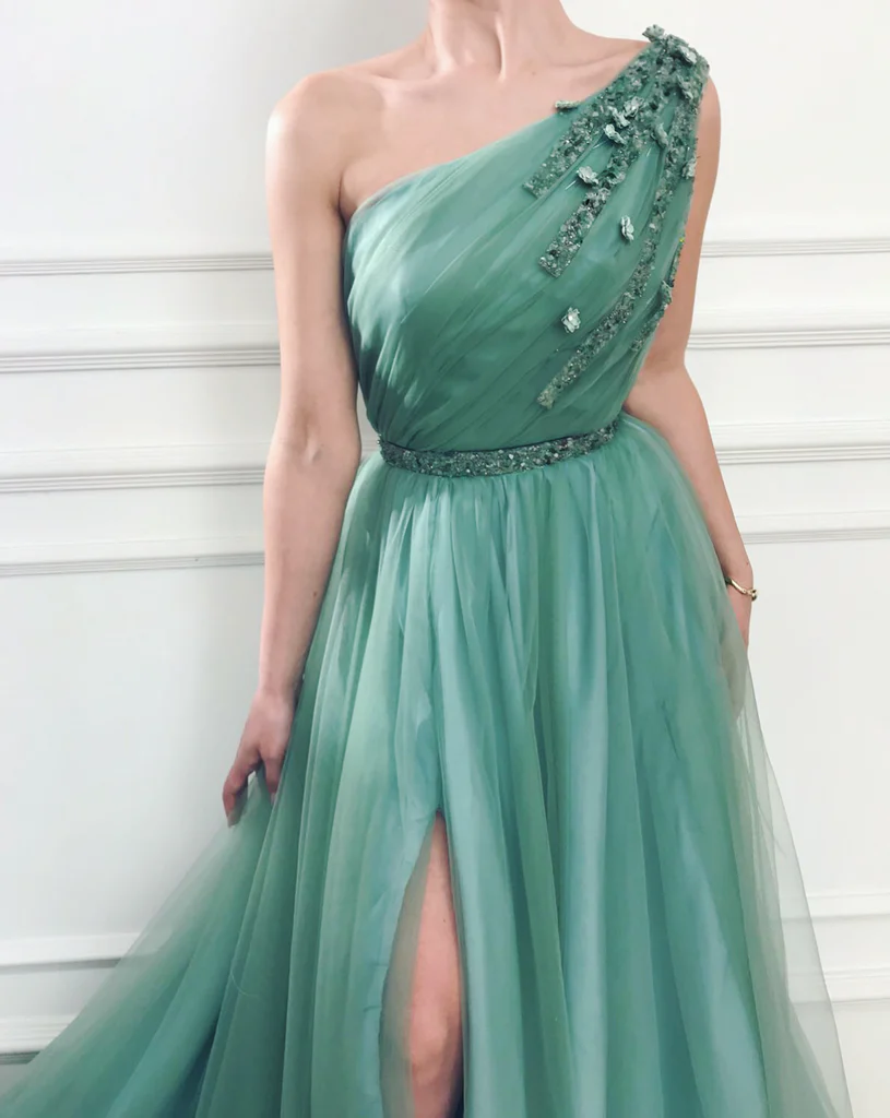 A-Line One Shoulder Jungle Tulle Split Prom/Formal Dresses With Beading gh2154