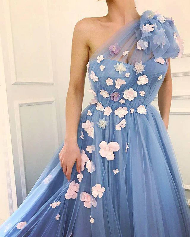Charming One Shoulder Blue Tulle 3D Flowers Prom Dresses, Long Cheap Dance Dresses gh1964