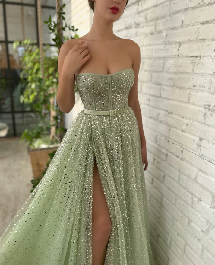 Green tulle sequins prom dress Formal Couture Dress gh2205