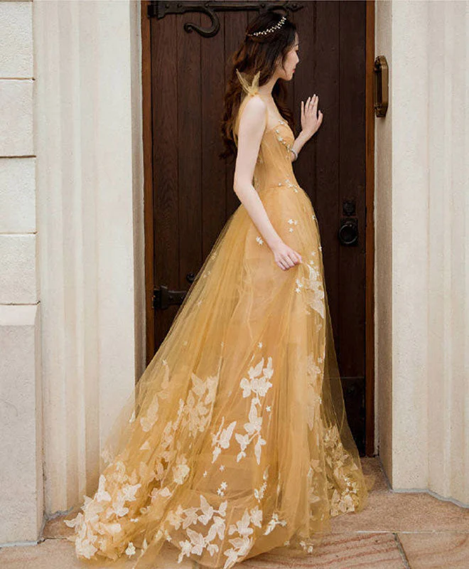 Robe de bal longue en tulle et dentelle champagne, robe de soirée en tulle et dentelle gh2231