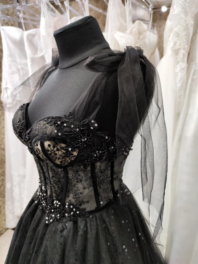 Tulle black applique beaded A-line maxi corset dress party dress off-the-shoulder gown ball gown elegant evening dress gh2106