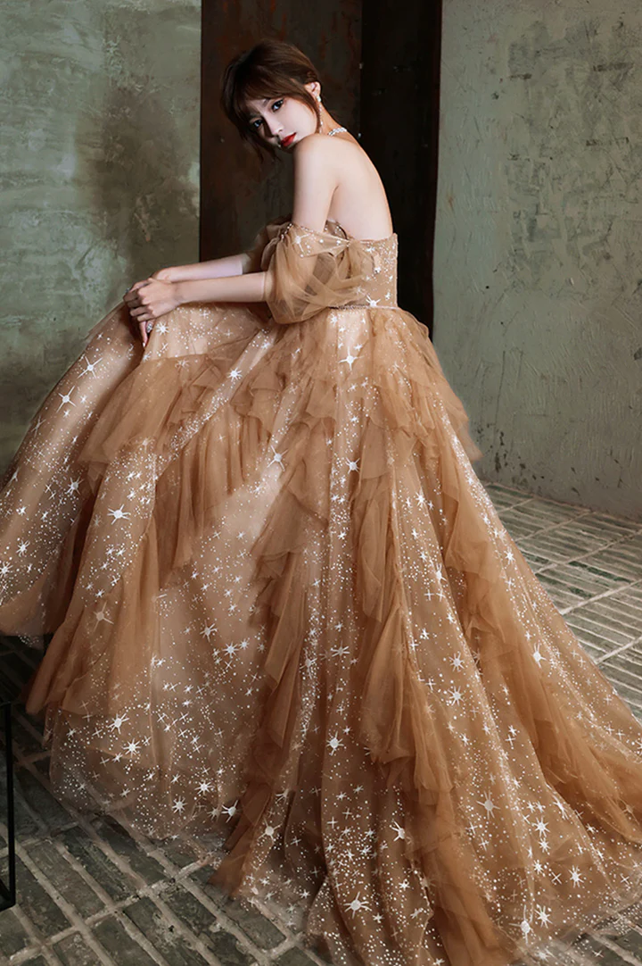 Robe de soirée élégante en tulle jaune magnifique et brillante, ligne A, longue, gh2152