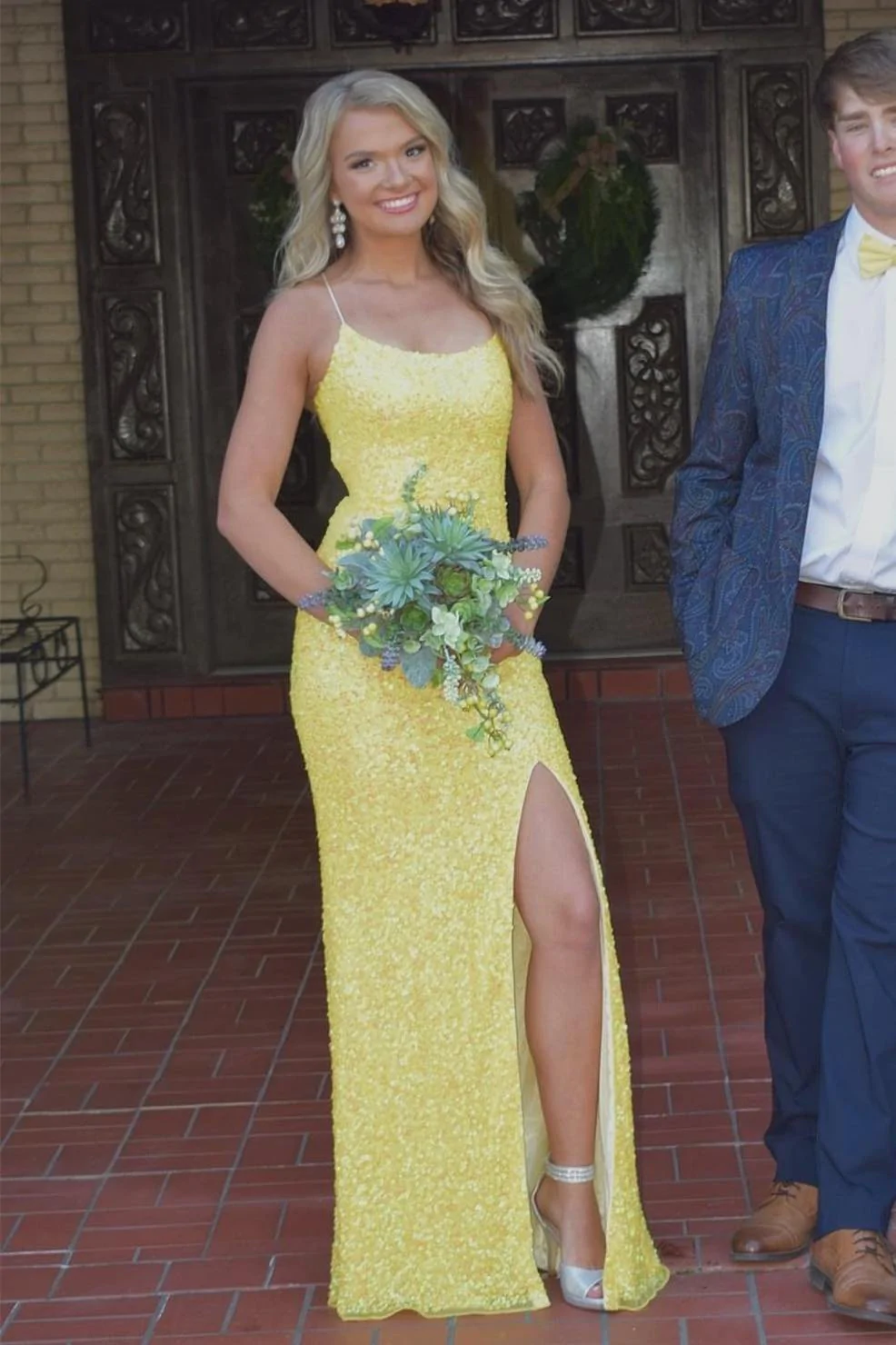 Robe de soirée élégante et sexy, vert émeraude/argent/orange/rose/jaune, bretelles spaghetti, paillettes, sirène, coupe slim, fente longue, longueur au sol, robe de bal, robe de soirée gh2238