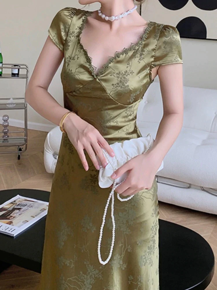 Sommer Elegante Frauen Satin Backless Kurzarm Spitze Sexy Verband Vintage Bodycon Vestidos Weibliche Mode Robe Neues Abendkleid gh2327