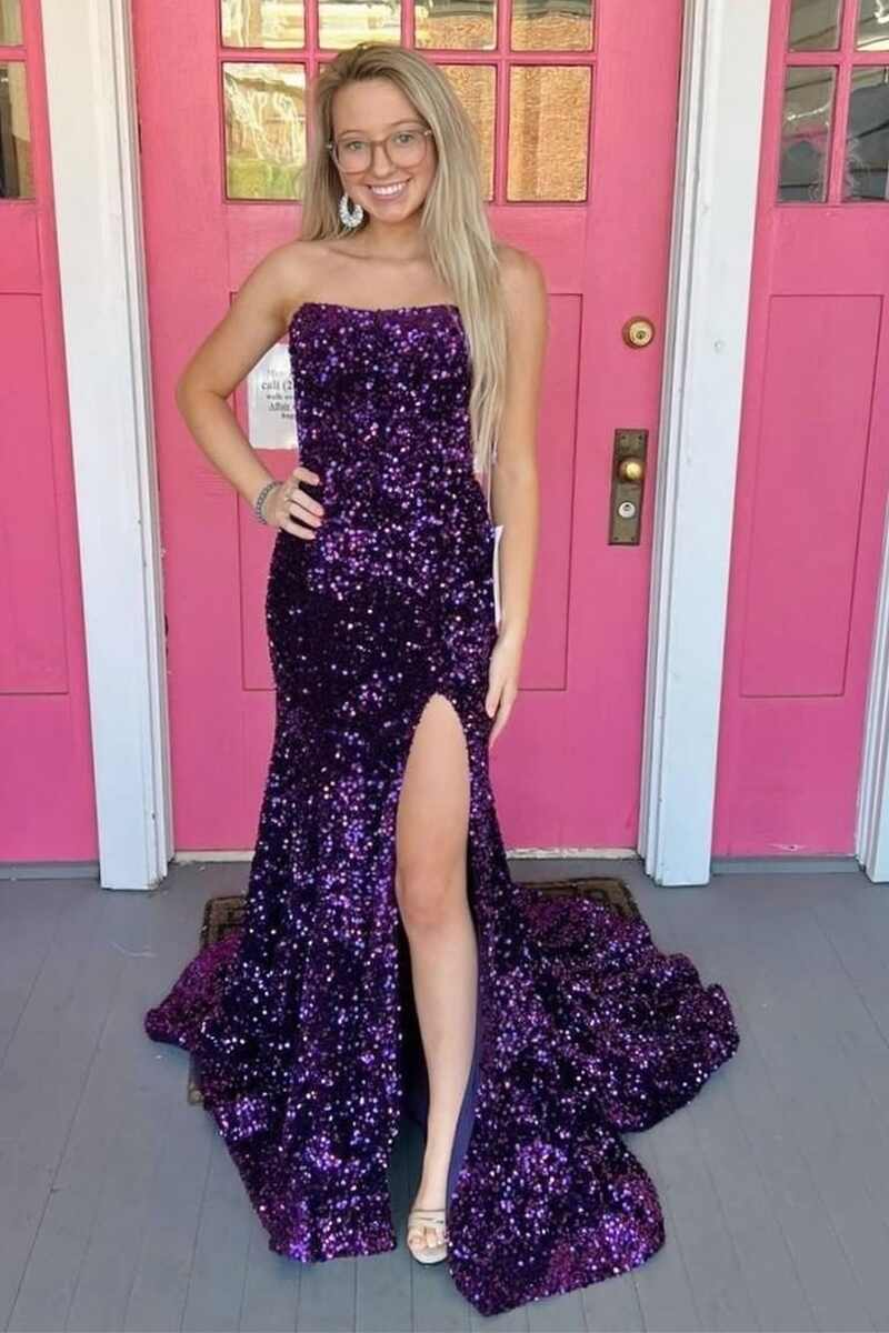 Robe de bal longue sirène sans bretelles à sequins bordeaux gh2088