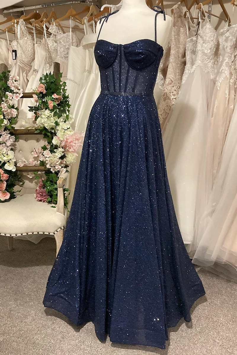 Robe de bal princesse bleu marine à sequins et bretelles nouées en forme de A gh2640