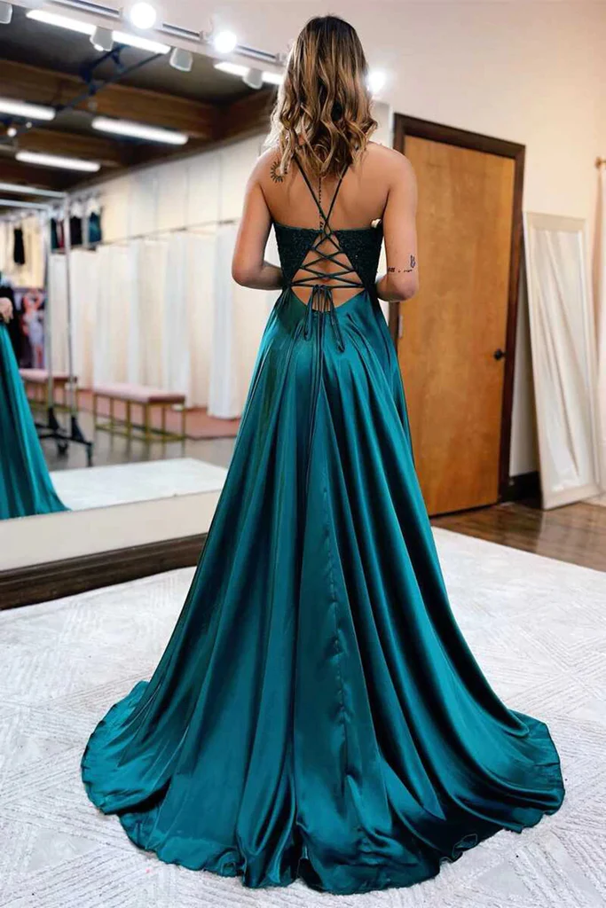 A Line V Neck Green Beaded Lace Long Prom Dress with High Slit, Open Back Green Formal Graduation Evening Dress gh2652