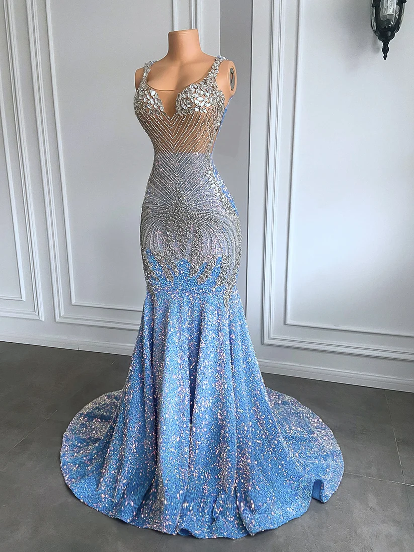 Light blue luxury gorgeous sparkling exquisite beading long floor-length ball gown mermaid slim silver crystal evening dress gh2656