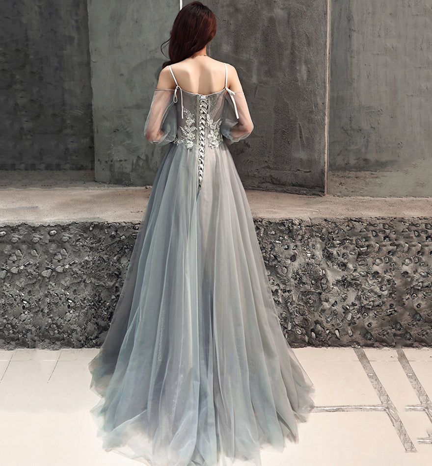 Gray tulle lace long A line prom dress evening dress 8477