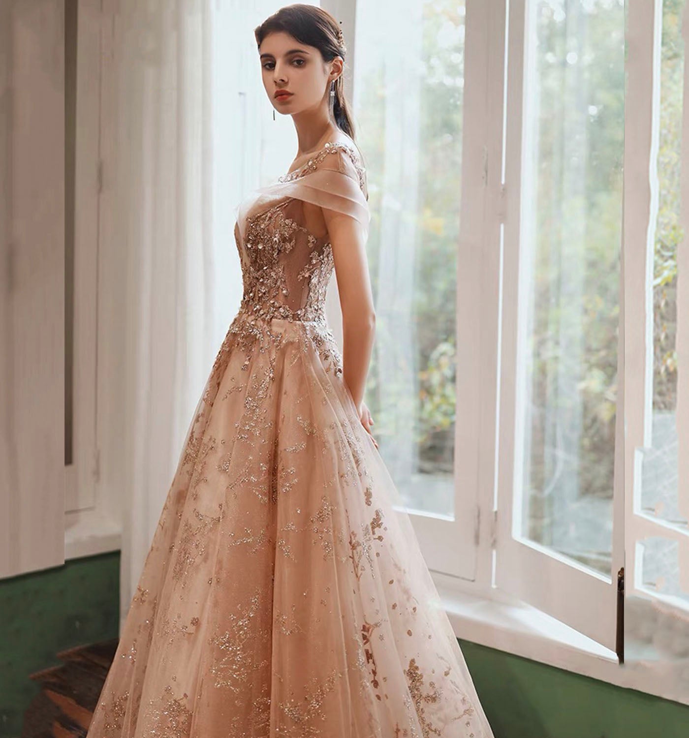 Robe de soirée longue en tulle brillant à paillettes 8977