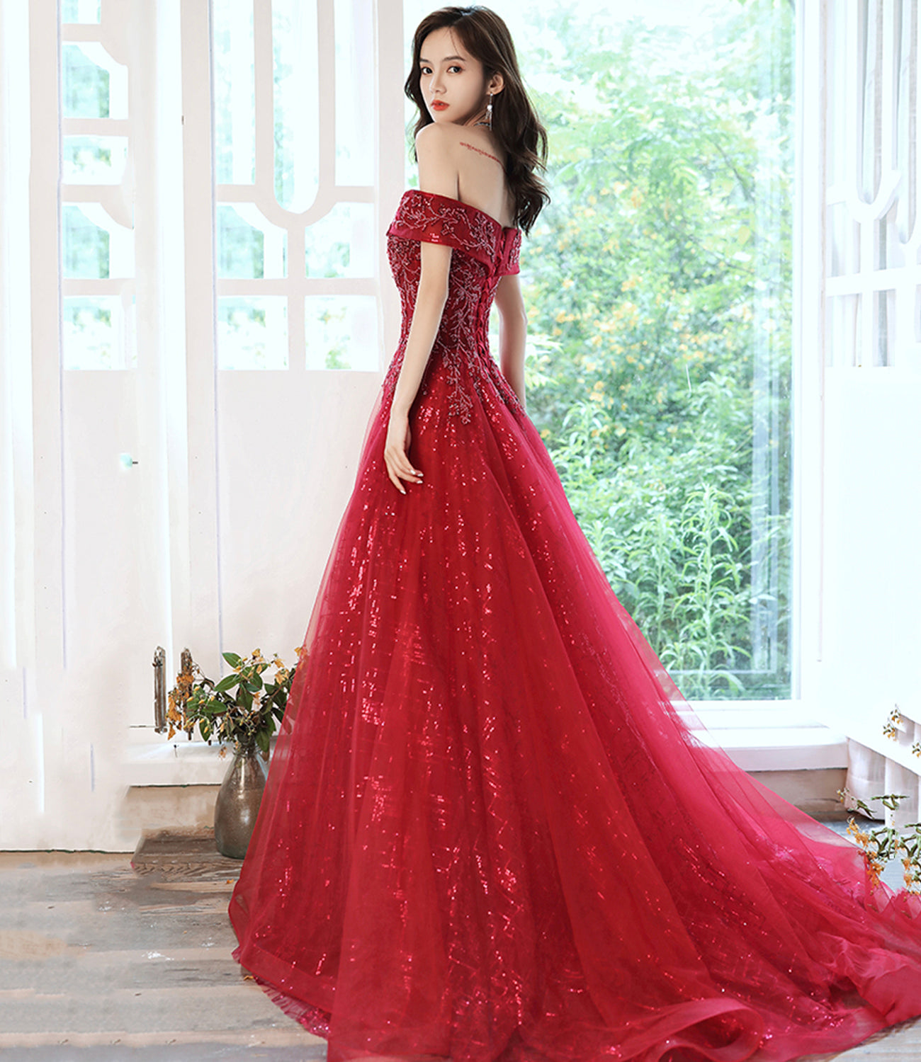 Red tulle sequins long prom dress evening dress 8969