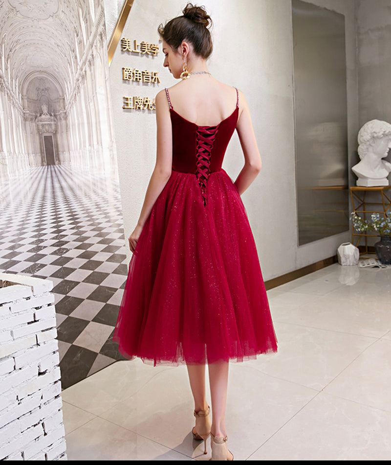 Burgundy velvet tulle short prom dress party dress 8392