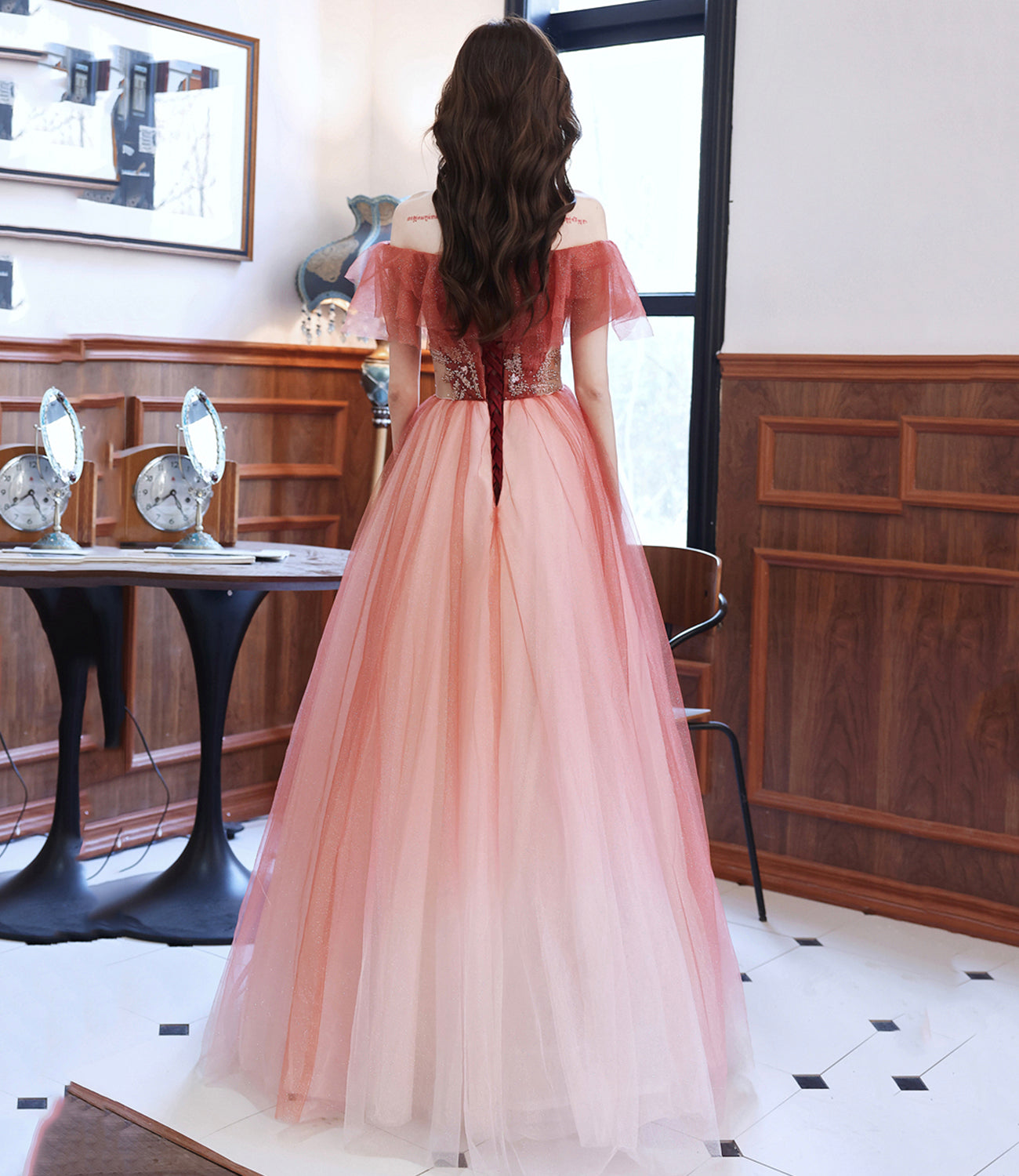 Burgundy tulle long A line prom dress evening dress 8920