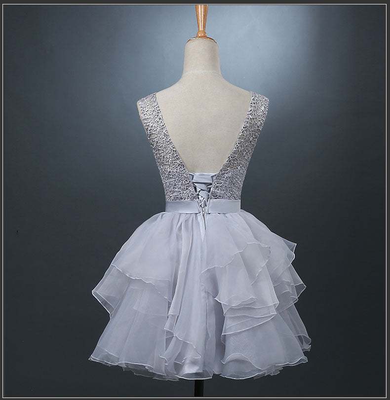 Cute grey A-line lace short prom dress,homecoming dress,party dress 7613