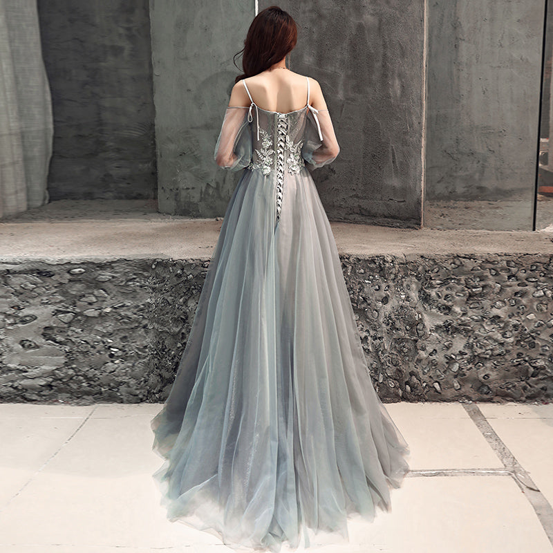 Gray lace tulle long prom dress, long sleeve evening dress 8081