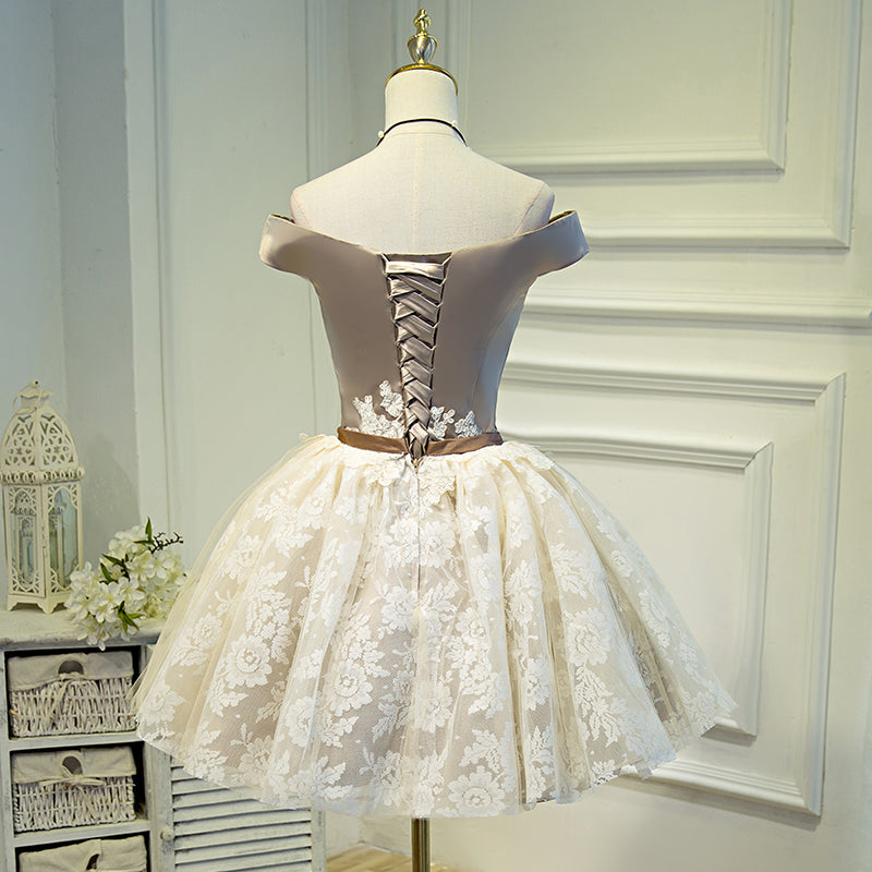 Charming A-line off shoulder lace short prom dress,homecoming dress 7692