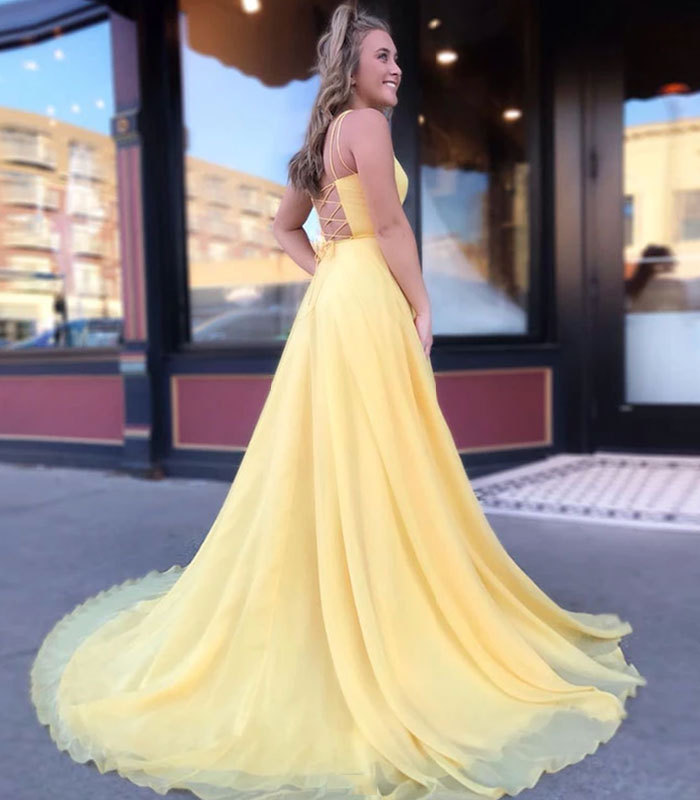 Yellow chiffon long prom dress evening dress 8189