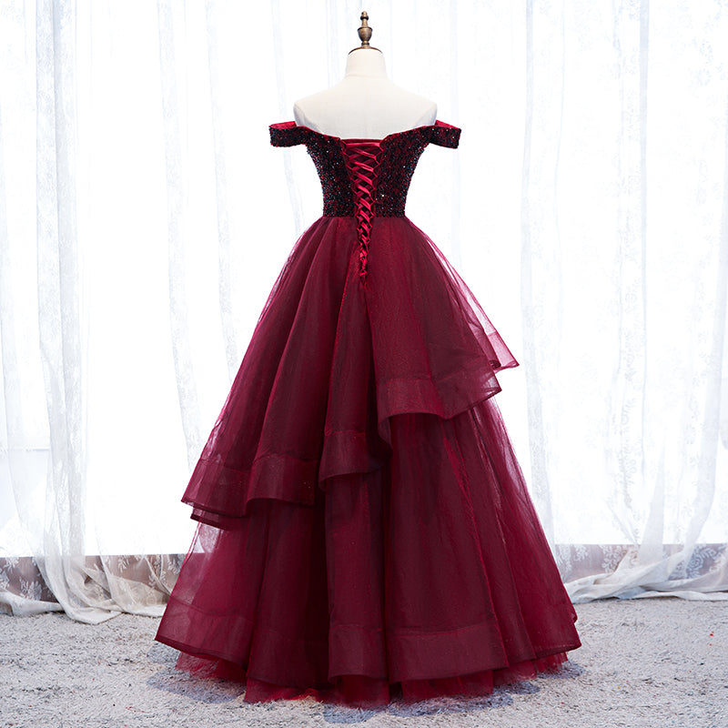 Burgundy tulle long prom gown formal dress 8270