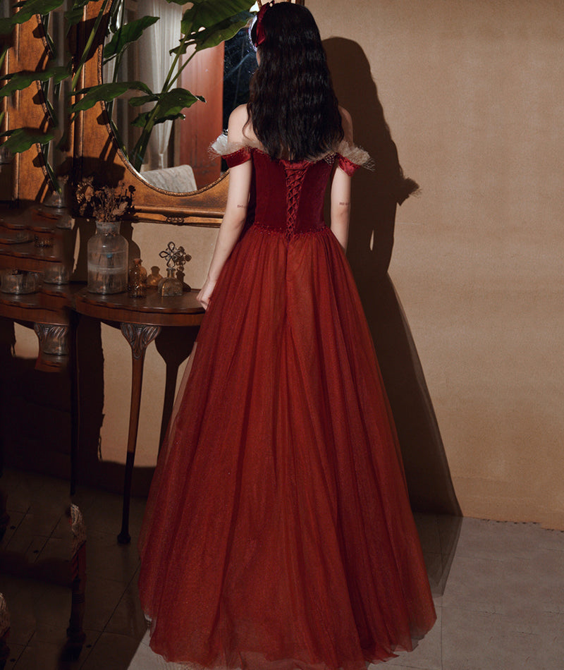 Burgundy velvet tulle long prom dress evening dress 8382