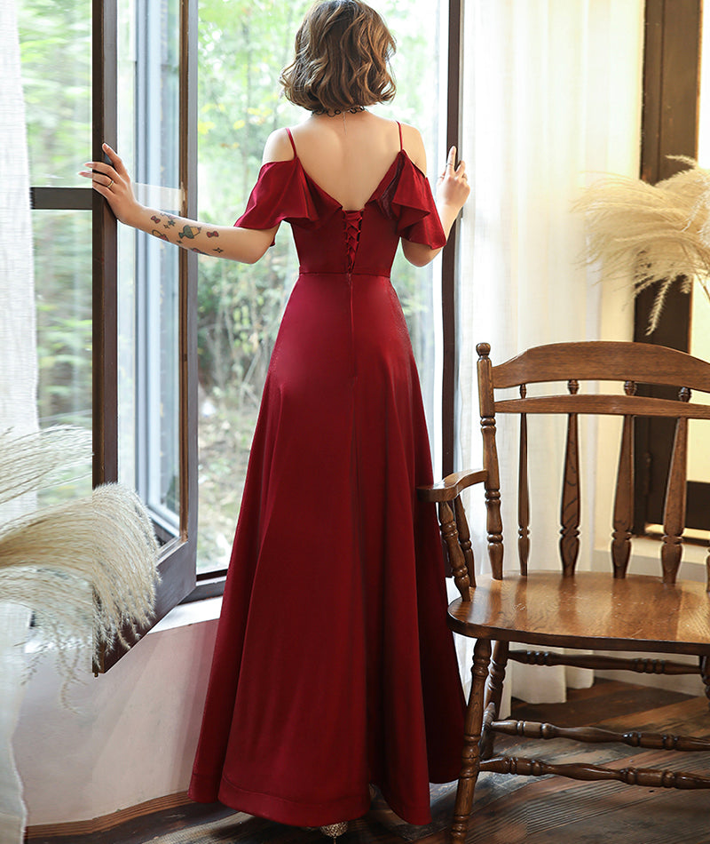 Burgundy satin prom dress simple evening dress 8379