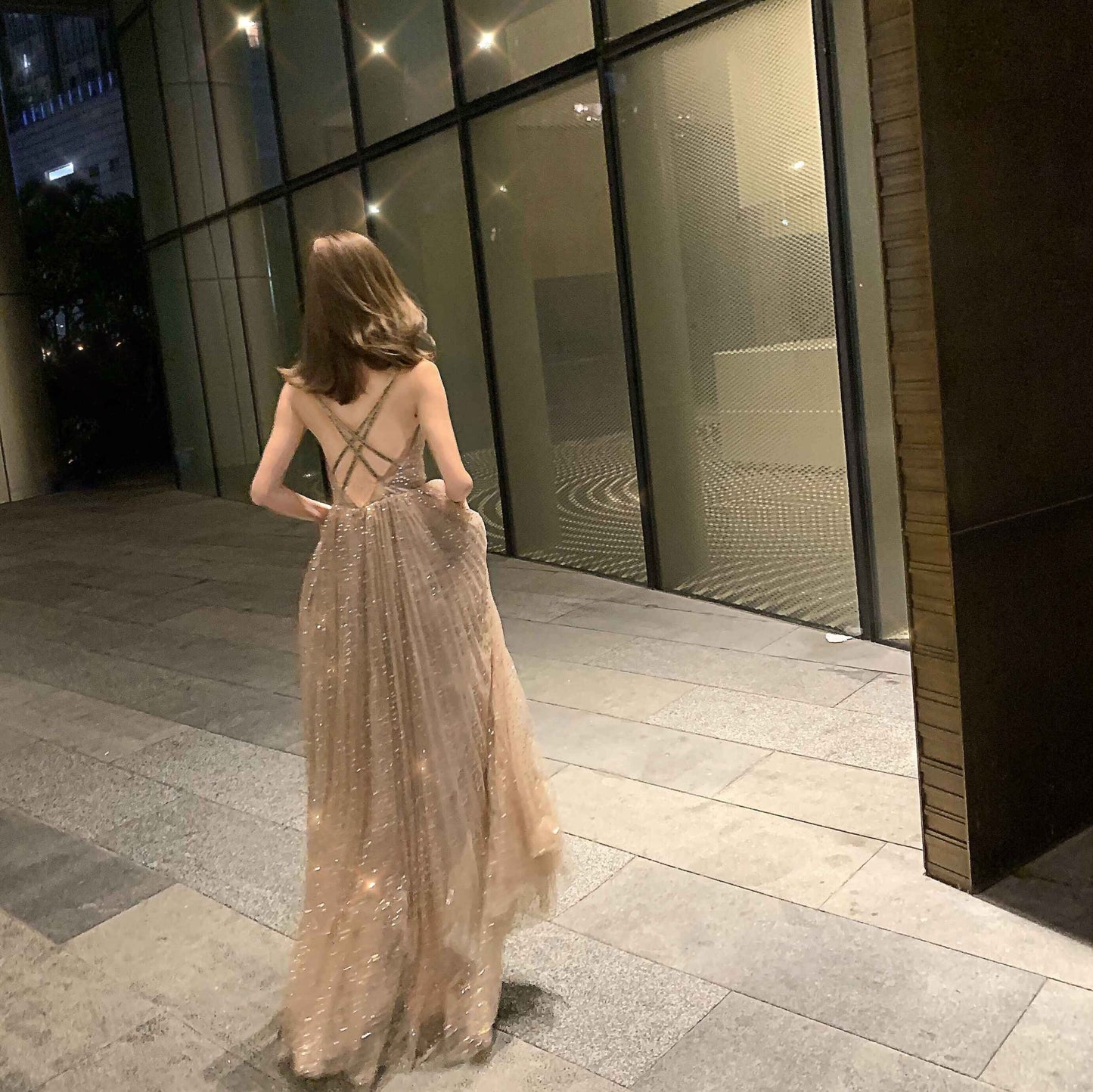 Shiny tulle sequins long prom dress evening dress 8312