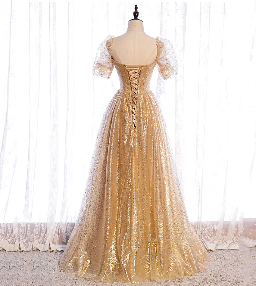 Gold tulle sequins long prom dress evening dress 8428