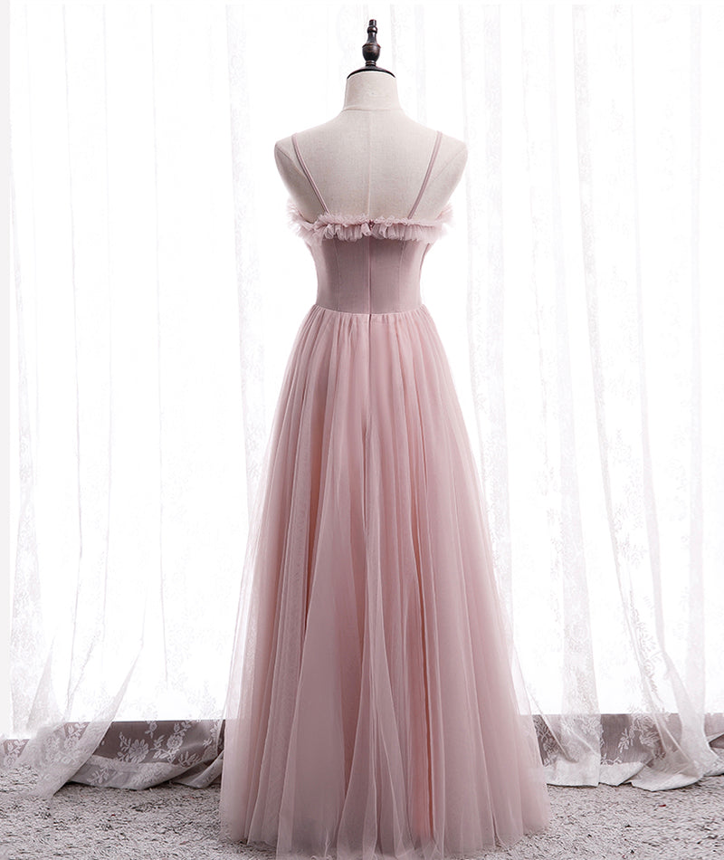 Pink tulle long prom dress simple evening dress 8399