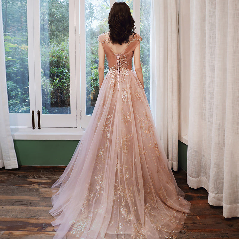 Pink tulle sequins prom dress evening dress 8238